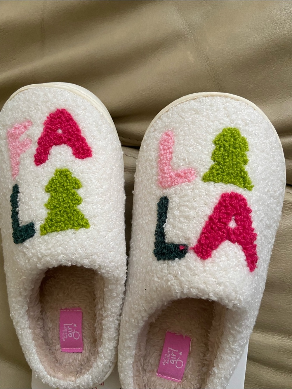 Olivia Miller White Cozy Fuzzy Slippers with Pink, Green & Dark Teal Letters